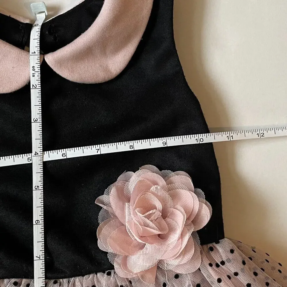 Black & Pink Polka Dot Party Dress, Tulle Flower, Sleeveless, Collared 3T